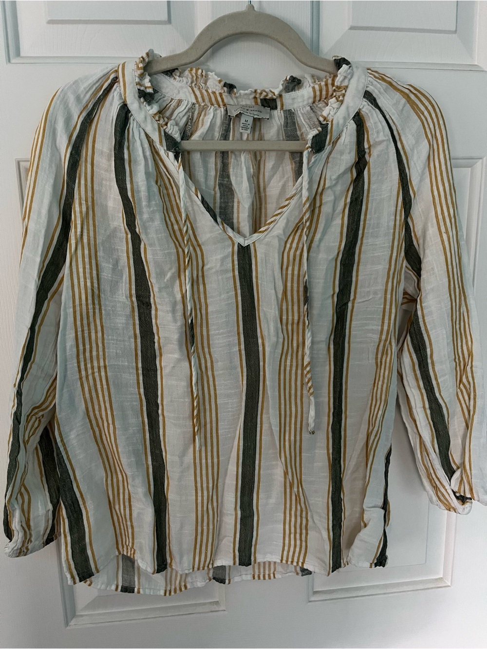 Lucky Women's Striped V-Neck Peasant Blouse - White, Gold Grey